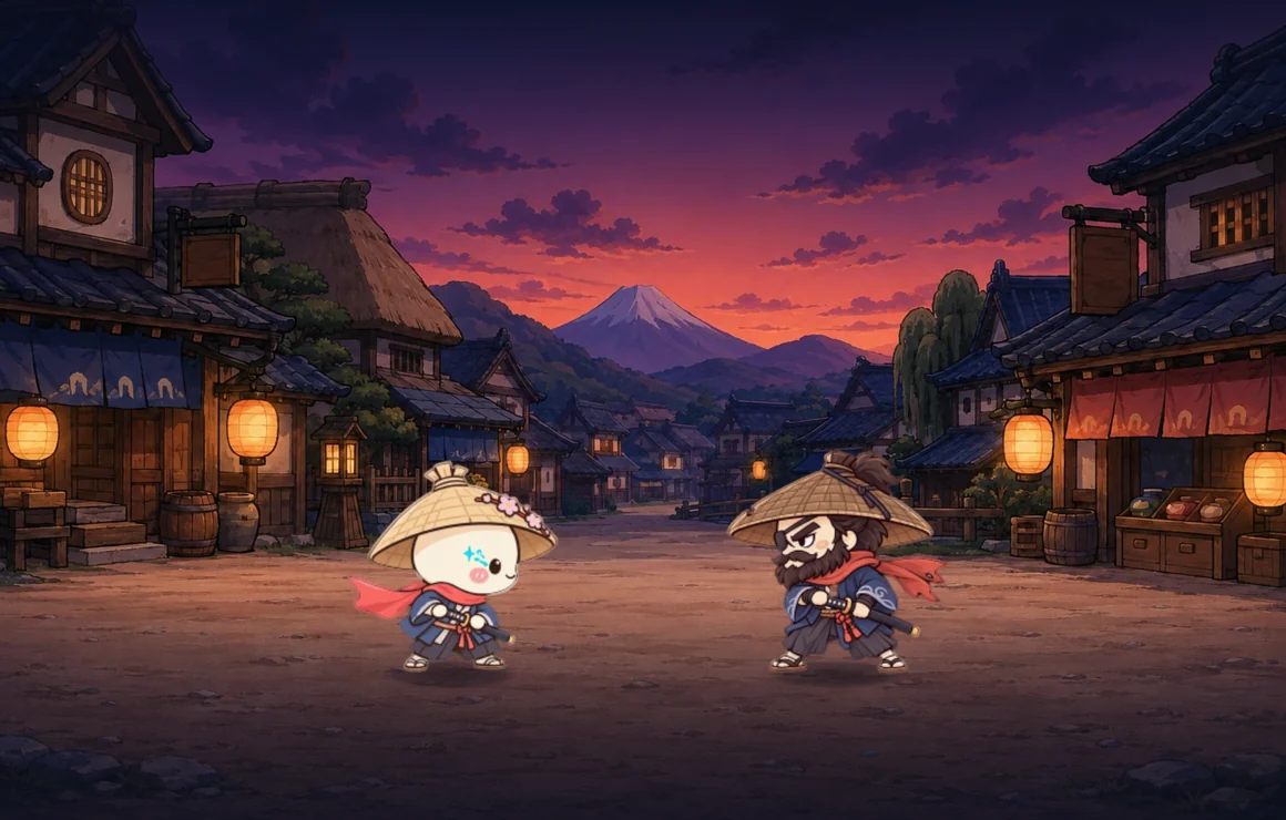 AI Ronin and an enemy samurai facing each other at twilight