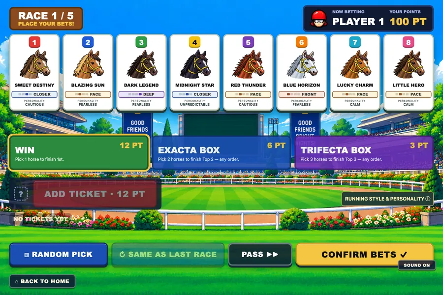 Betting screen with Win, Exacta Box and Trifecta Box ticket types