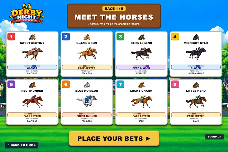 Meet the horses screen showing eight runners with running style and personality
