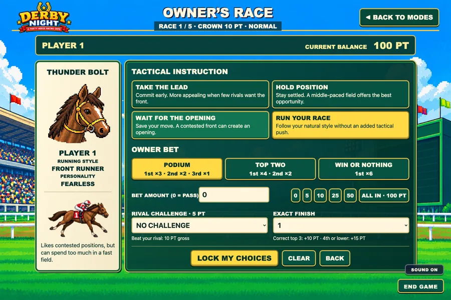 Owner’s Race private screen showing tactical instruction, prize target and stake