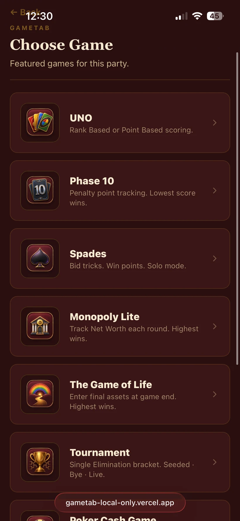 GameTab Choose Game screen showing UNO, Phase 10, Spades and other games