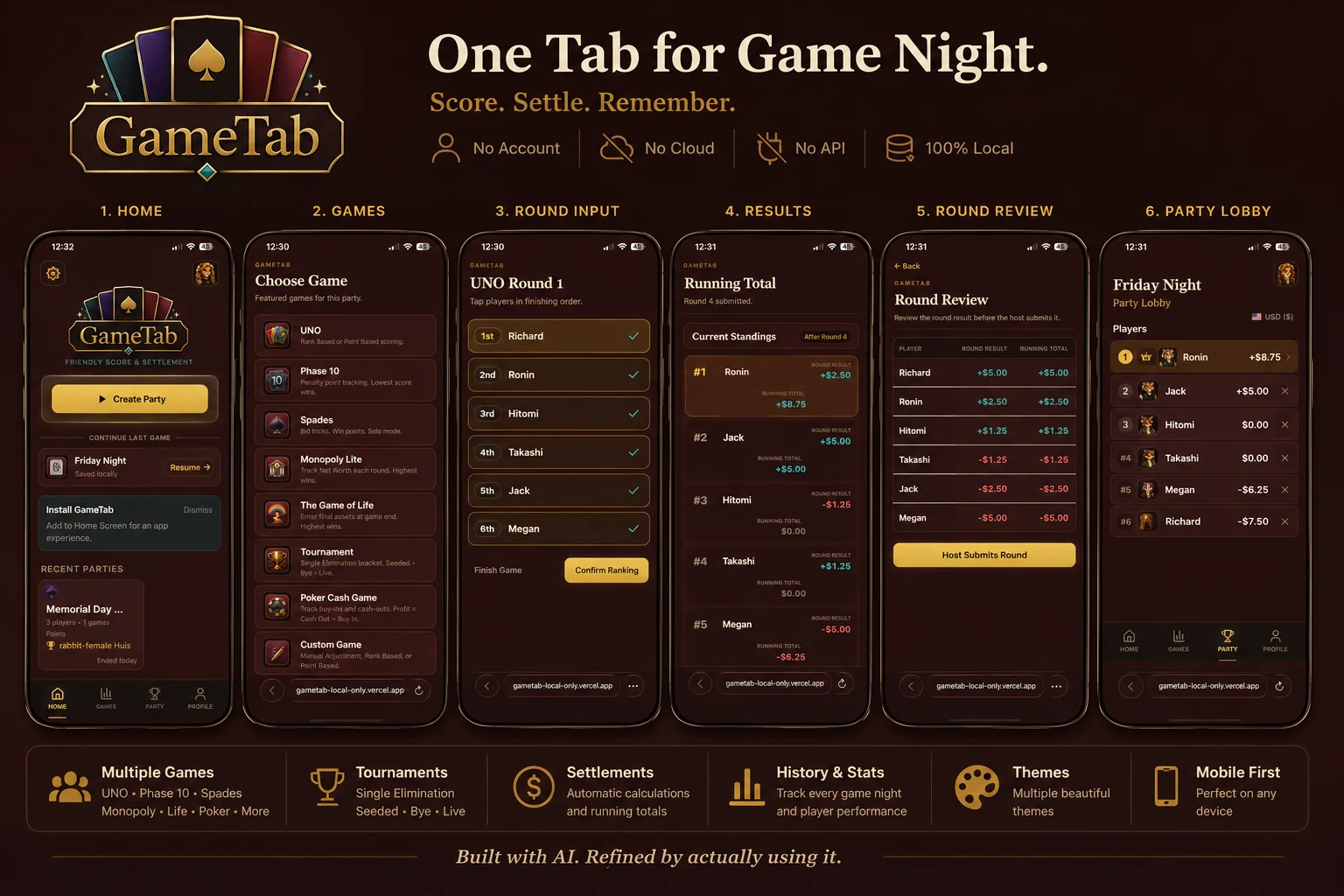 GameTab app overview showing Home, Games, Round Input, Results, Round Review and Party Lobby