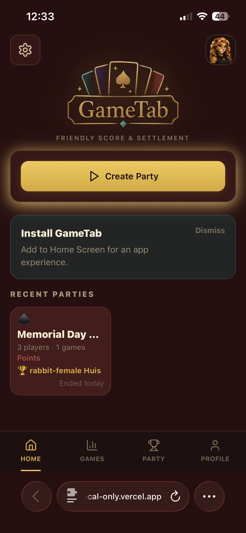 GameTab home screen showing recent party history