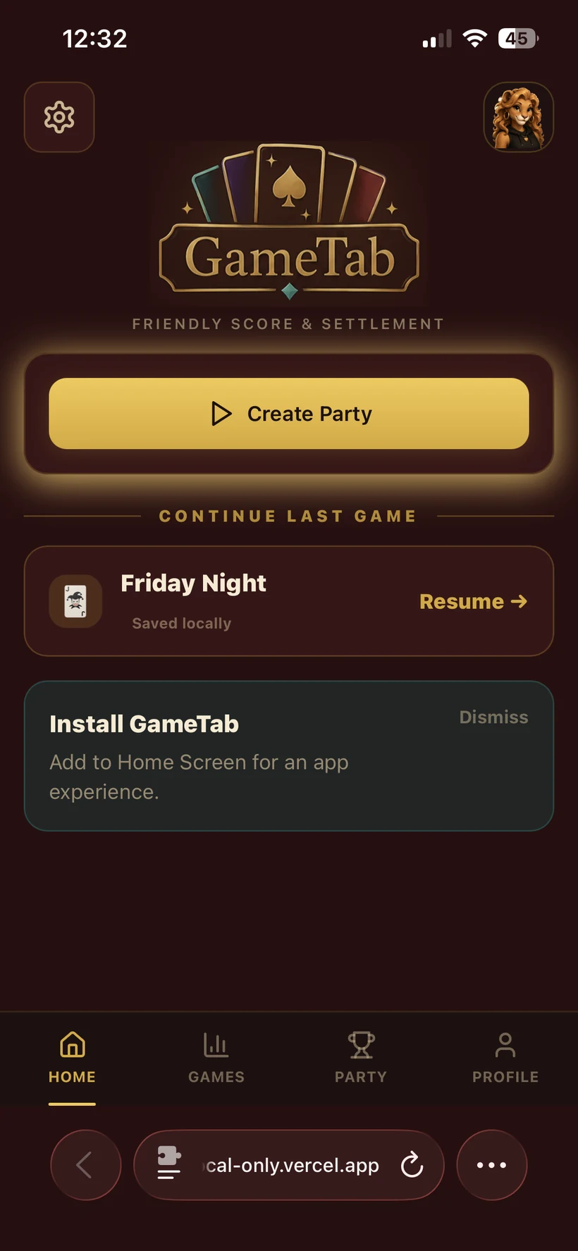 GameTab home screen with Create Party and Continue Last Game