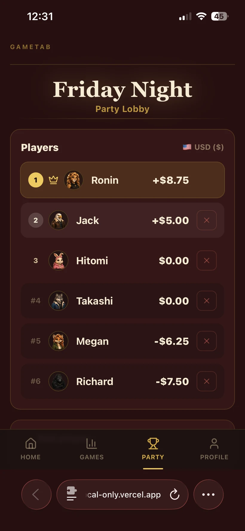 Friday Night GameTab Party Lobby with players and balances