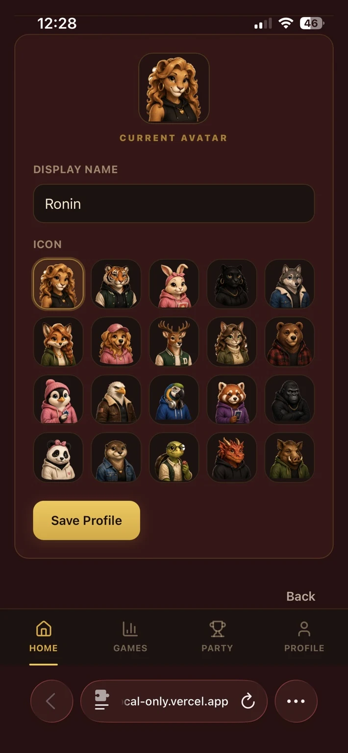 GameTab profile screen with twenty illustrated player avatars