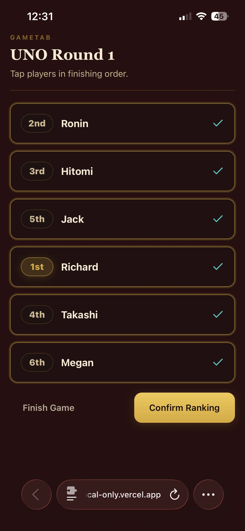 UNO Round 1 ranking input in GameTab