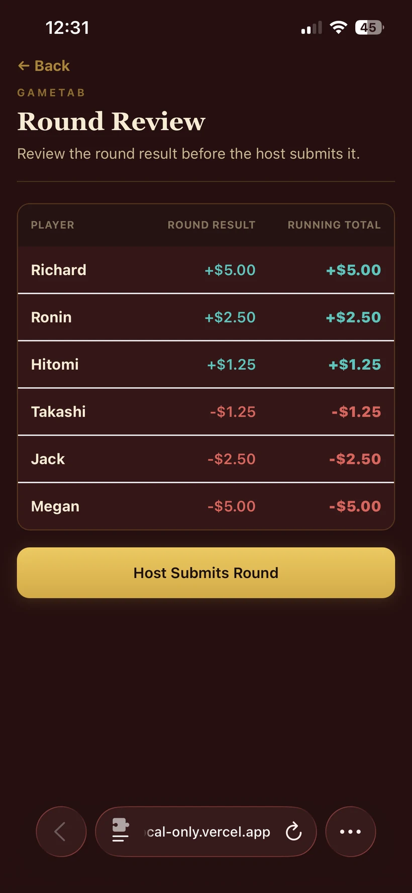 GameTab Round Review table with round result and running total