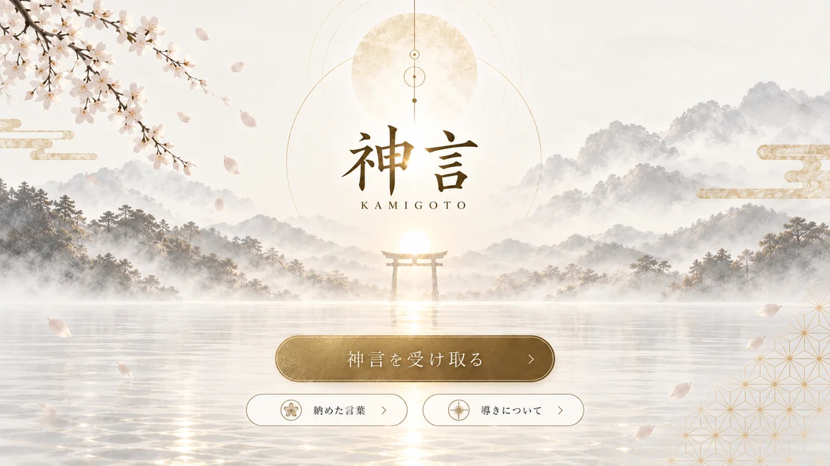 KAMIGOTO title screen — a torii in pale gold mist over still water